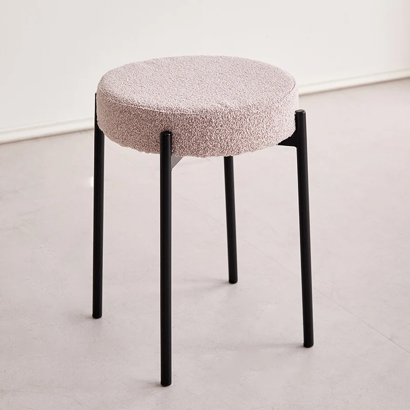Contemporary Scandinavian Iron Cotton Linen Round Vanity Stool Armless For Bedroom