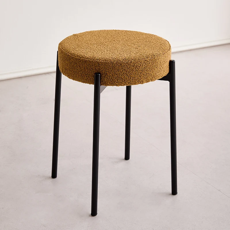 Contemporary Scandinavian Iron Cotton Linen Round Vanity Stool Armless For Bedroom