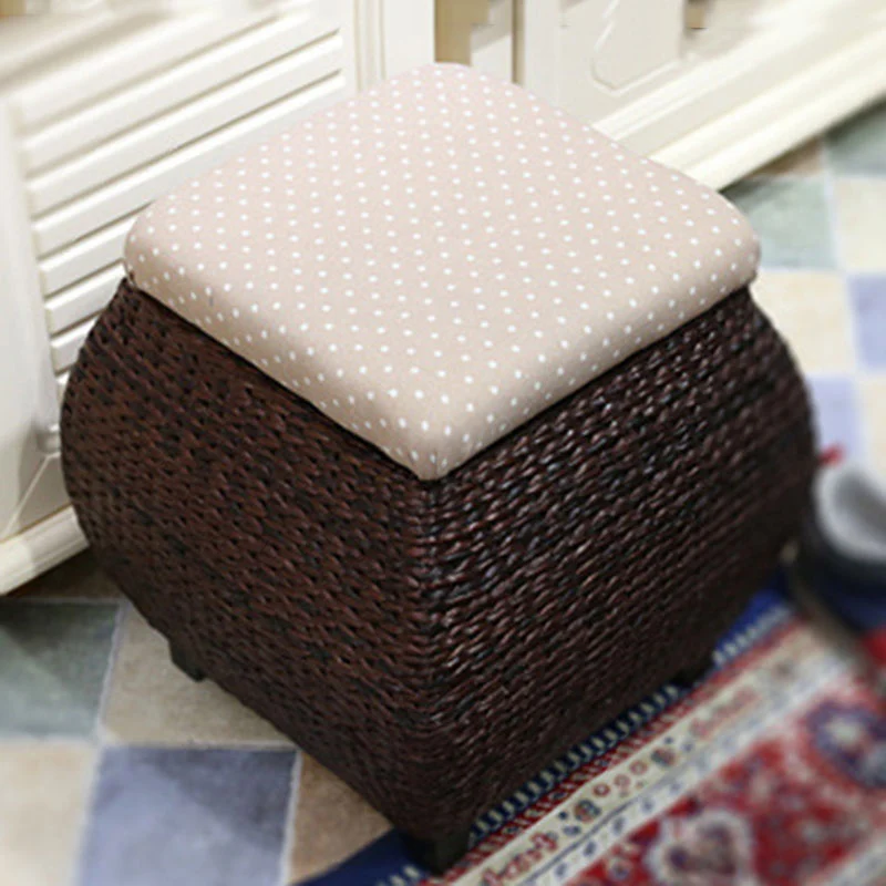Traditional Farmhouse Fabric Wood Stainless Steel Paper Vine Reed Square Imitation Rattan Weaving Low Stool Armless For Entryways