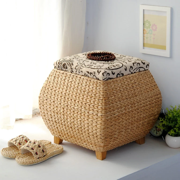 Traditional Farmhouse Fabric Wood Stainless Steel Paper Vine Reed Square Imitation Rattan Weaving Low Stool Armless For Entryways