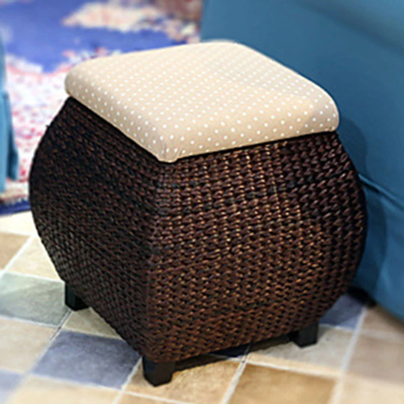 Traditional Farmhouse Fabric Wood Stainless Steel Paper Vine Reed Square Imitation Rattan Weaving Low Stool Armless For Entryways