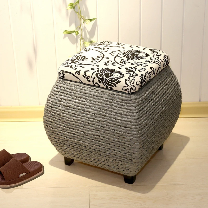 Traditional Farmhouse Fabric Wood Stainless Steel Paper Vine Reed Square Imitation Rattan Weaving Low Stool Armless For Entryways