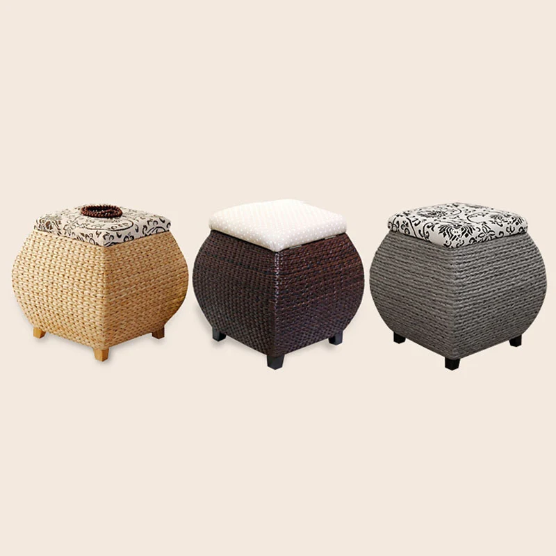 Traditional Farmhouse Fabric Wood Stainless Steel Paper Vine Reed Square Imitation Rattan Weaving Low Stool Armless For Entryways