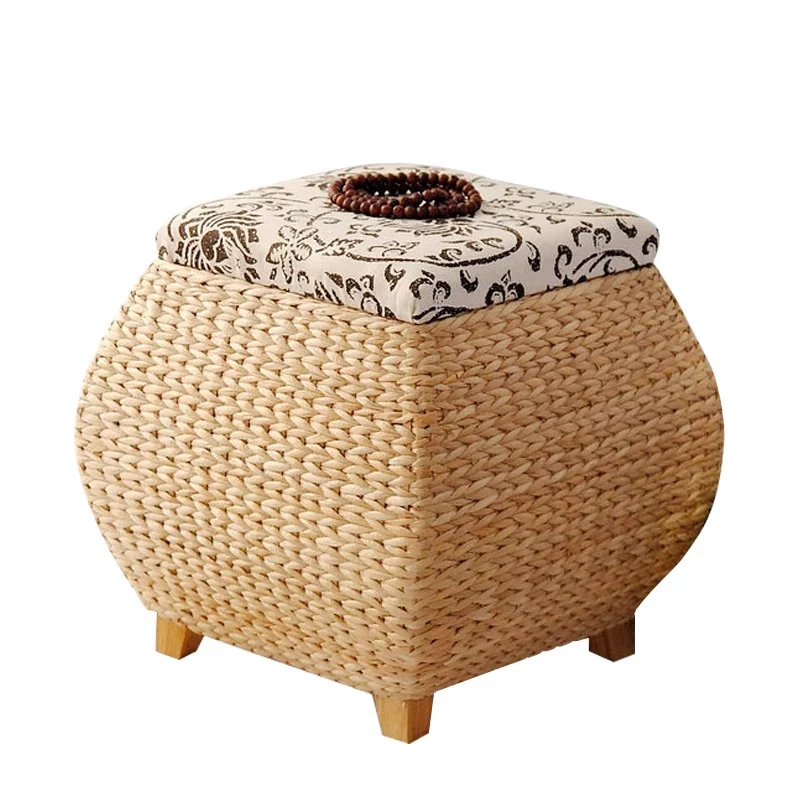 Traditional Farmhouse Fabric Wood Stainless Steel Paper Vine Reed Square Imitation Rattan Weaving Low Stool Armless For Entryways