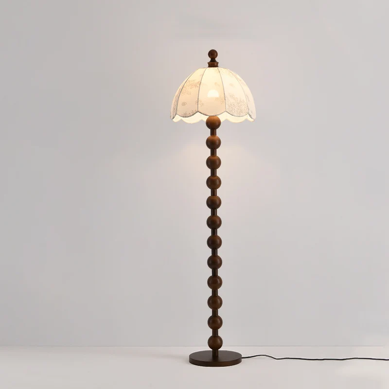 Traditional Chinese Spherical Cylindrical Wooden Fabric 1-Light Standing Floor Lamp For Living Room