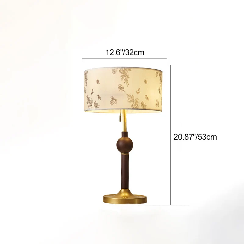 Traditional Japanese Cylindrical Round Iron White Wax Wood Fabric 2-Light Table Lamp For Bedroom