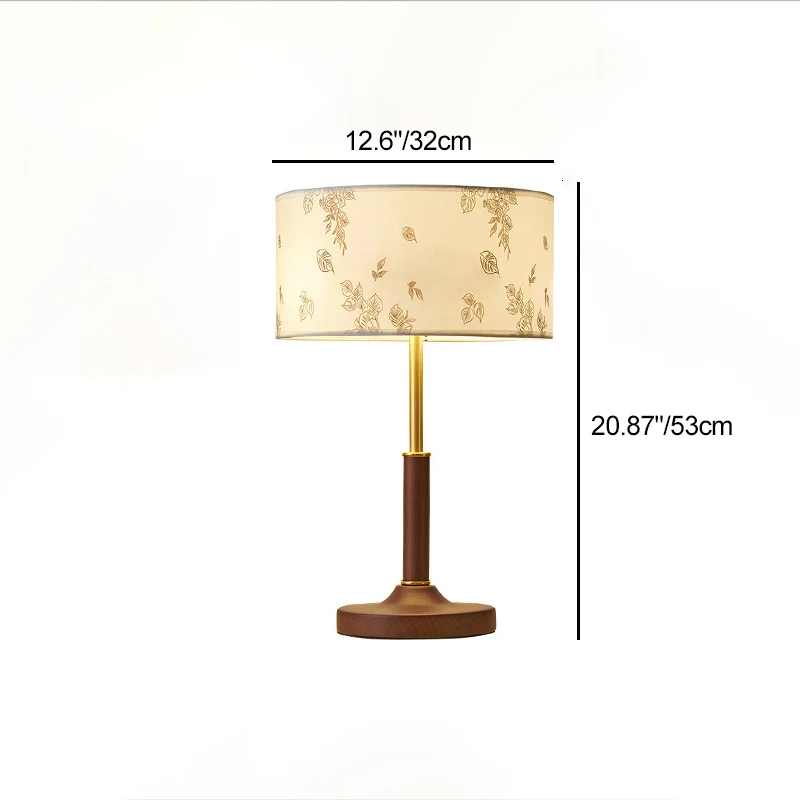 Traditional Japanese Cylindrical Round Iron White Wax Wood Fabric 2-Light Table Lamp For Bedroom