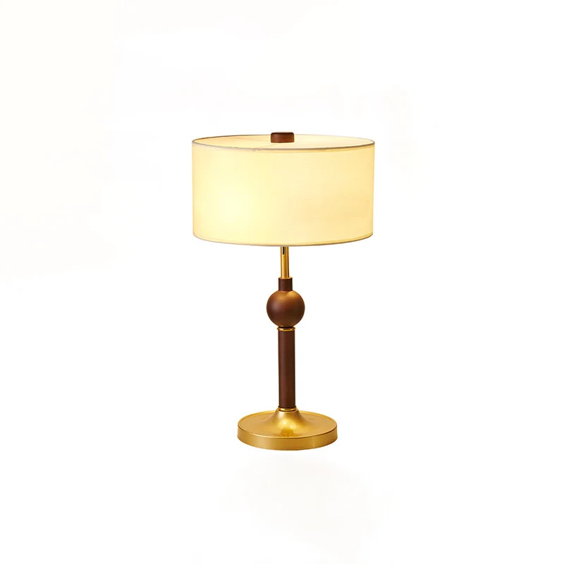 Traditional Japanese Cylindrical Round Iron White Wax Wood Fabric 2-Light Table Lamp For Bedroom