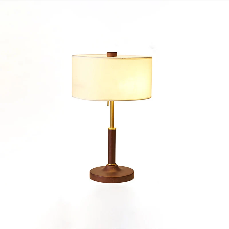 Traditional Japanese Cylindrical Round Iron White Wax Wood Fabric 2-Light Table Lamp For Bedroom