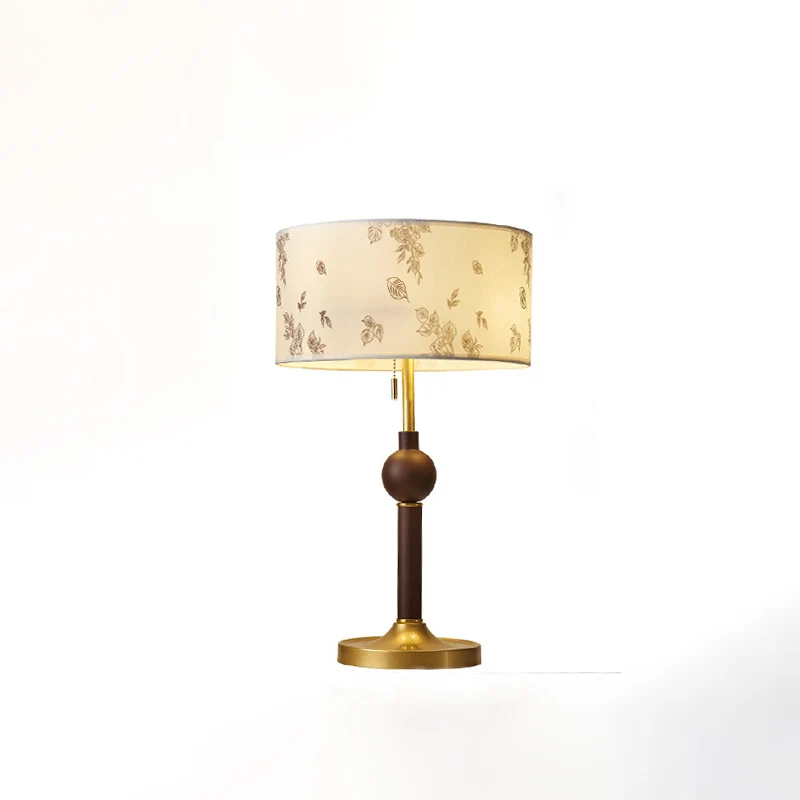 Traditional Japanese Cylindrical Round Iron White Wax Wood Fabric 2-Light Table Lamp For Bedroom