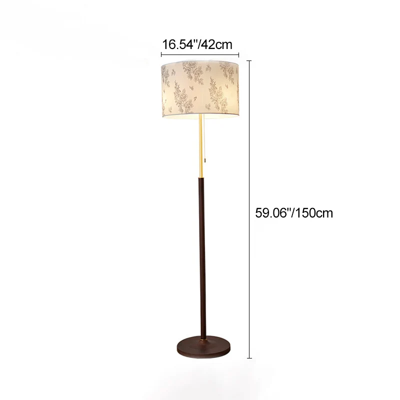 Traditional Japanese Cylindrical Round Iron White Wax Wood Fabric 3-Light Standing Floor Lamp For Living Room