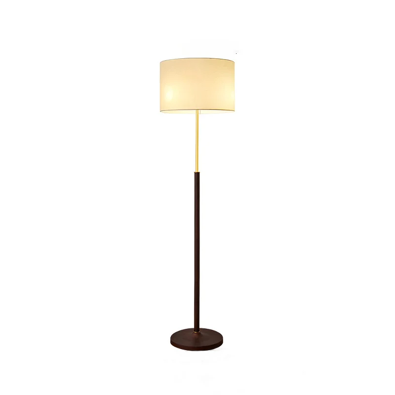 Traditional Japanese Cylindrical Round Iron White Wax Wood Fabric 3-Light Standing Floor Lamp For Living Room