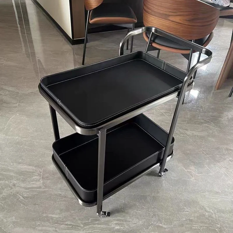 Contemporary Luxury Movable Rectangular Carbon Steel Saddle-Style Faux Leather End Table 2-Tier For Living Room