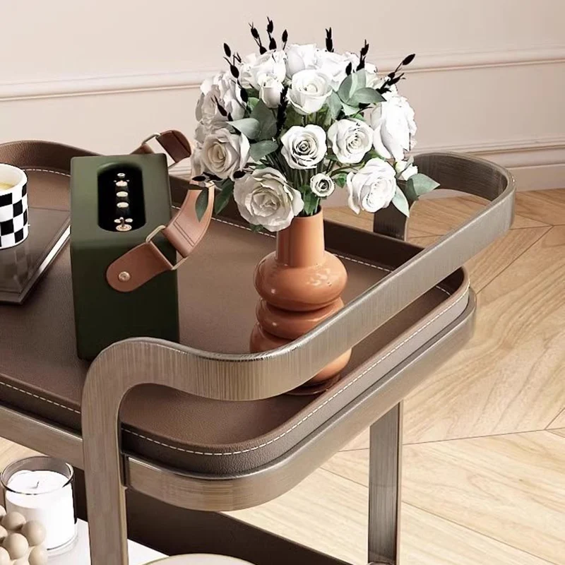 Contemporary Luxury Movable Rectangular Carbon Steel Saddle-Style Faux Leather End Table 2-Tier For Living Room