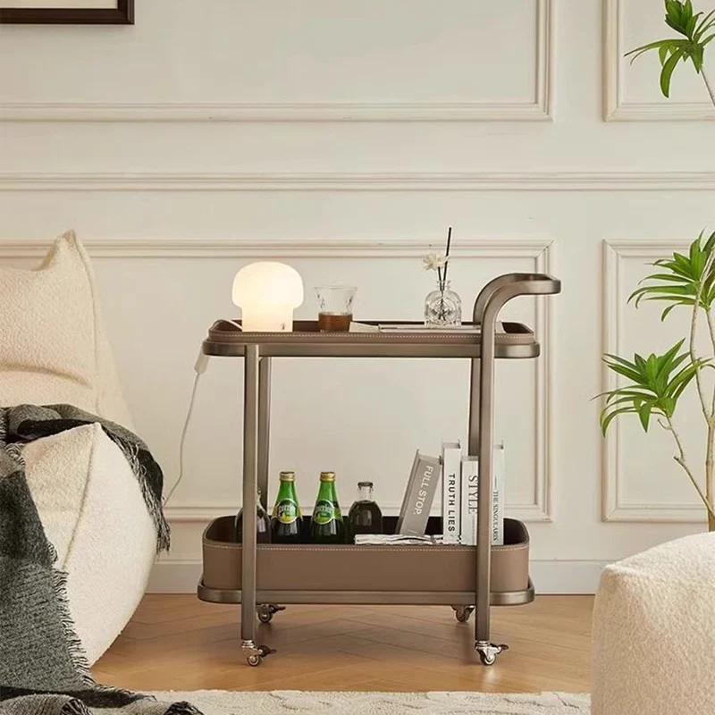 Contemporary Luxury Movable Rectangular Carbon Steel Saddle-Style Faux Leather End Table 2-Tier For Living Room
