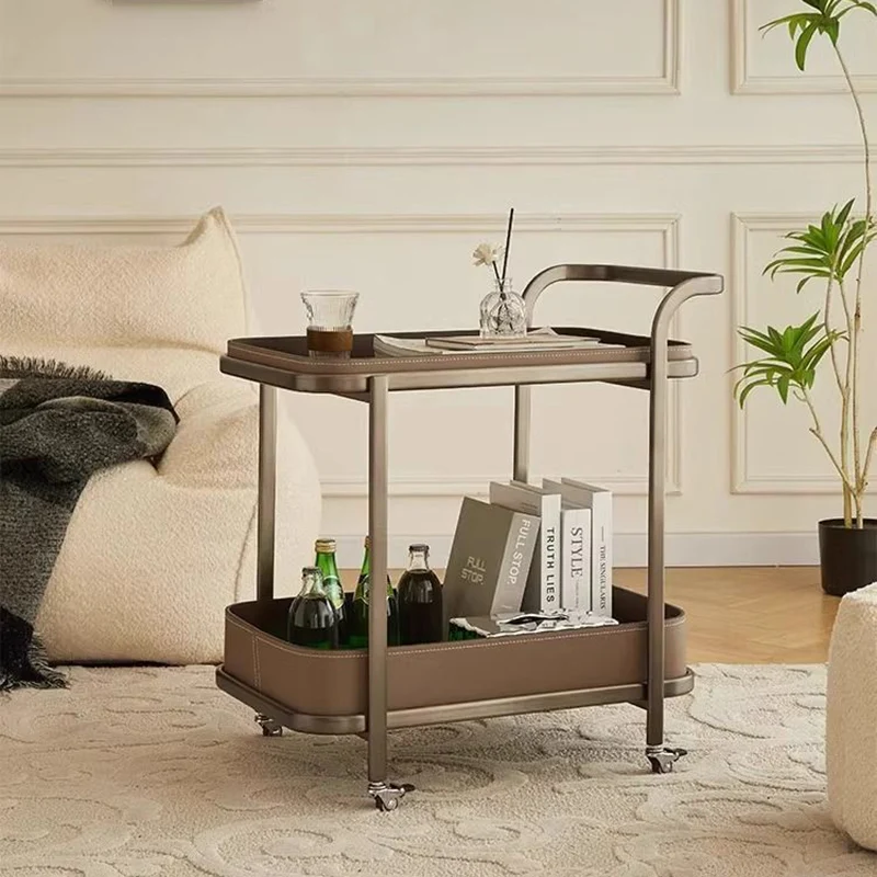 Contemporary Luxury Movable Rectangular Carbon Steel Saddle-Style Faux Leather End Table 2-Tier For Living Room