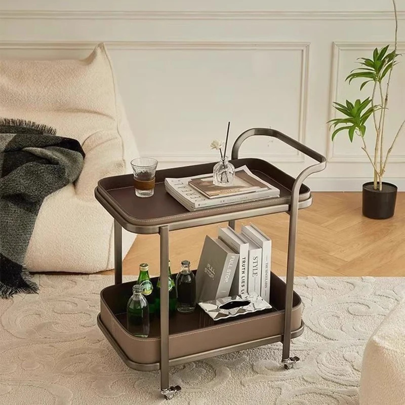 Contemporary Luxury Movable Rectangular Carbon Steel Saddle-Style Faux Leather End Table 2-Tier For Living Room
