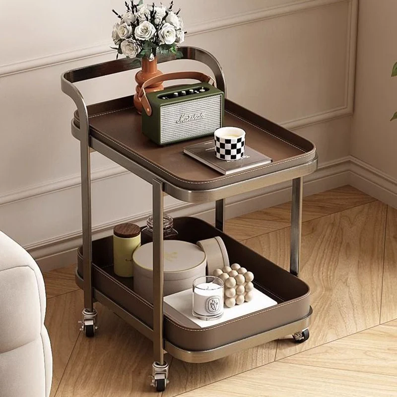 Contemporary Luxury Movable Rectangular Carbon Steel Saddle-Style Faux Leather End Table 2-Tier For Living Room