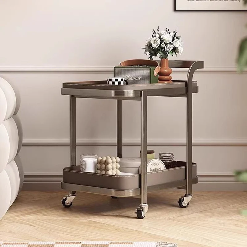 Contemporary Luxury Movable Rectangular Carbon Steel Saddle-Style Faux Leather End Table 2-Tier For Living Room