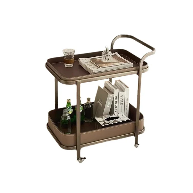 Contemporary Luxury Movable Rectangular Carbon Steel Saddle-Style Faux Leather End Table 2-Tier For Living Room