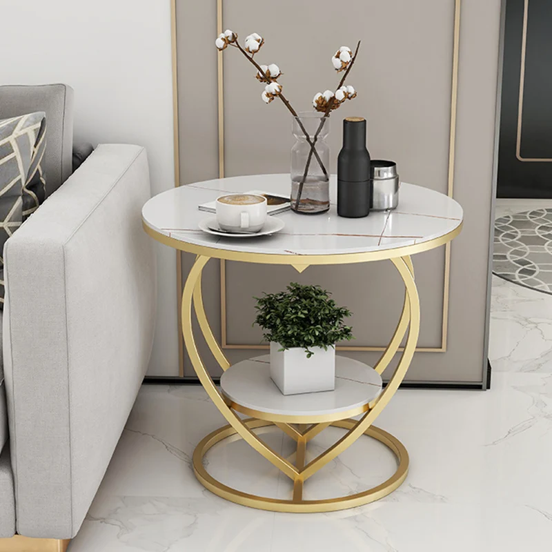 Contemporary Creative Round Heart Shaped Iron Rock Slab Side Table 2 - Tier For Living Room