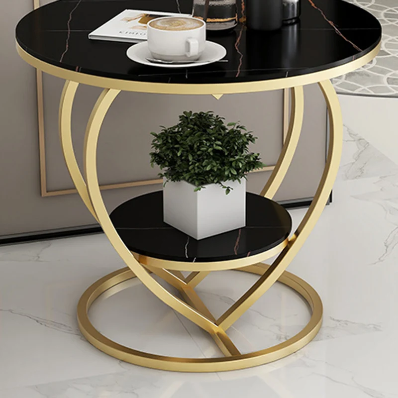 Contemporary Creative Round Heart Shaped Iron Rock Slab Side Table 2 - Tier For Living Room