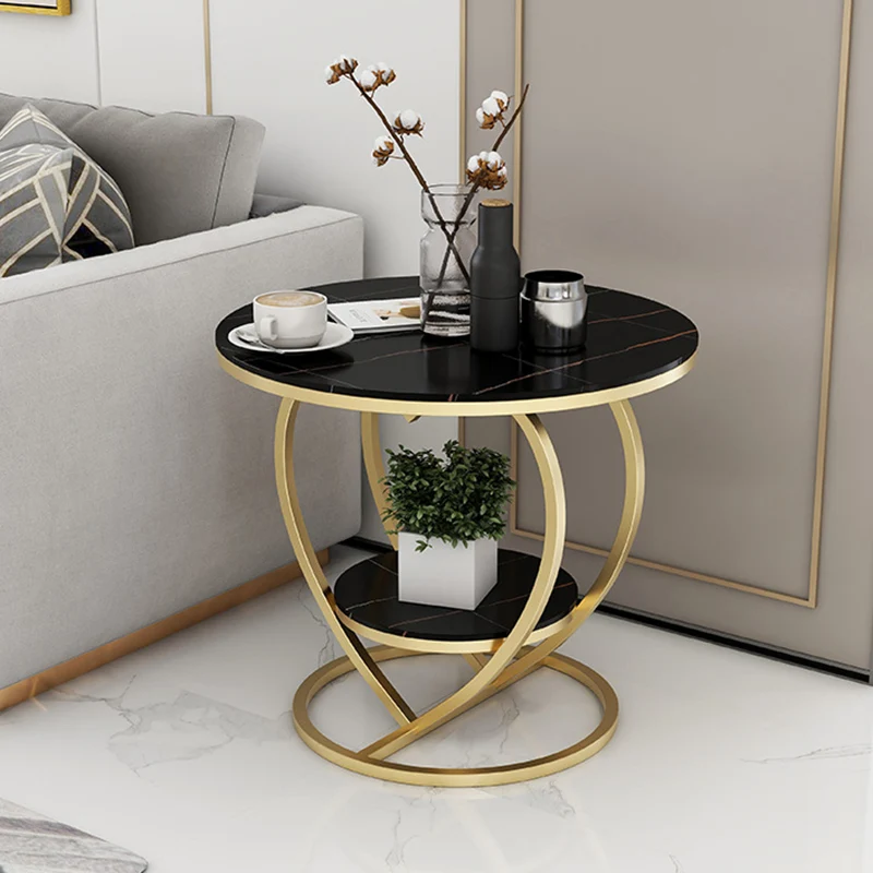 Contemporary Creative Round Heart Shaped Iron Rock Slab Side Table 2 - Tier For Living Room