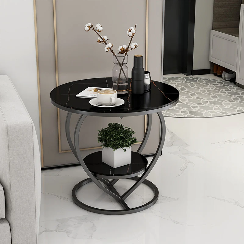 Contemporary Creative Round Heart Shaped Iron Rock Slab Side Table 2 - Tier For Living Room