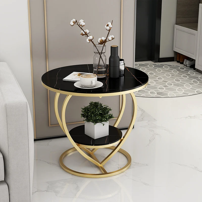Contemporary Creative Round Heart Shaped Iron Rock Slab Side Table 2 - Tier For Living Room