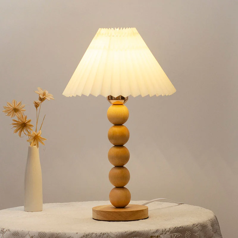 Traditional Vintage Pleated Gourd Shaped Oak Fabric 1-Light Table Lamp For Bedroom