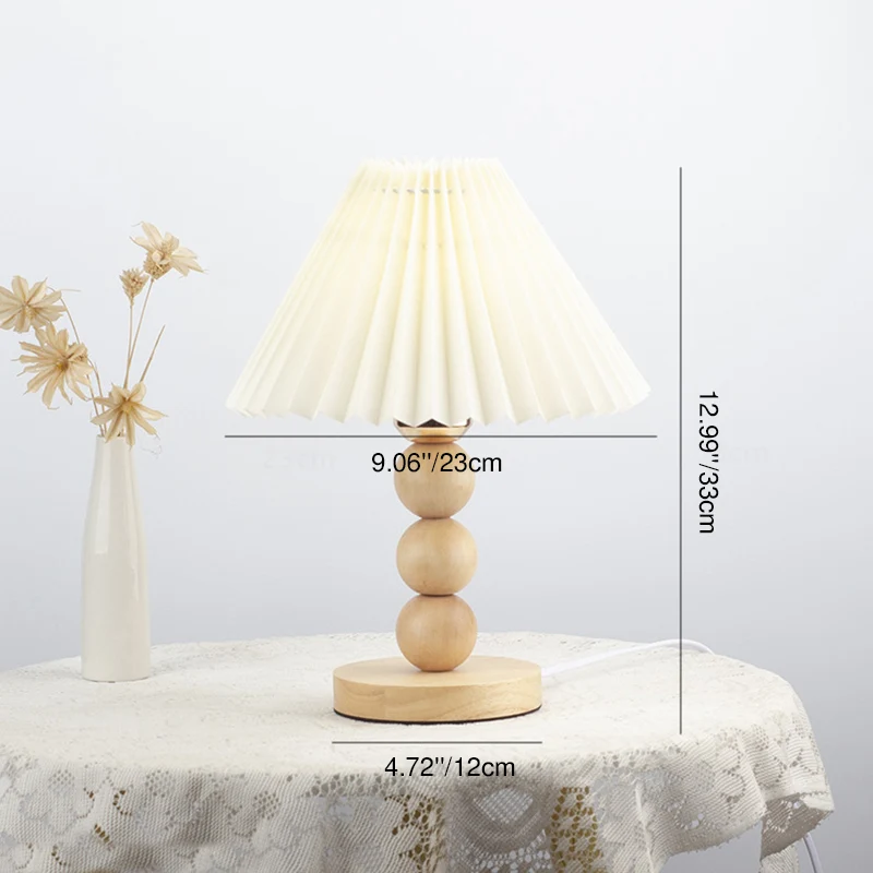 Traditional Vintage Pleated Gourd Shaped Oak Fabric 1-Light Table Lamp For Bedroom