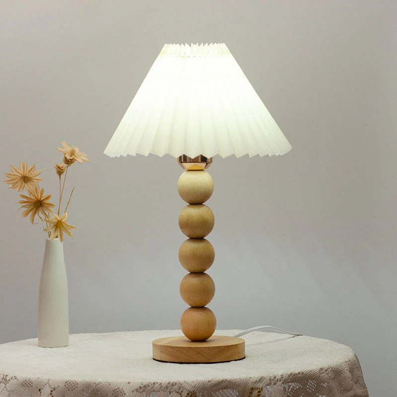 Traditional Vintage Pleated Gourd Shaped Oak Fabric 1-Light Table Lamp For Bedroom