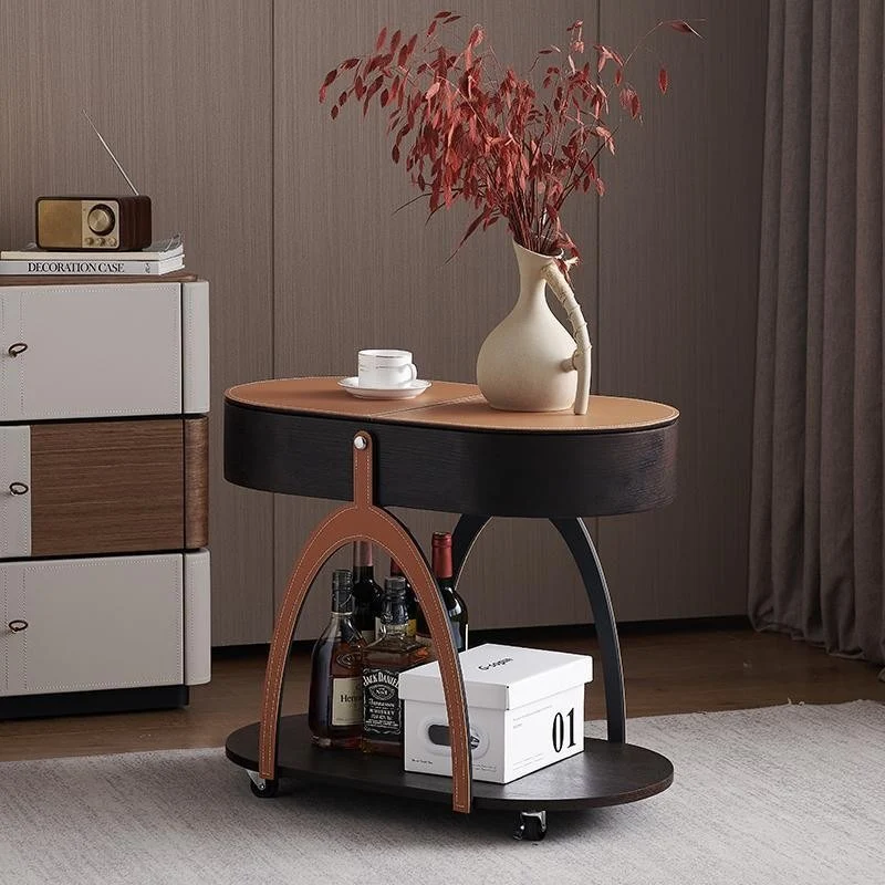 Traditional Vintage Movable Oval MDF Carbon Steel Saddle-Style Faux Leather Side Table 2-Tier For Living Room