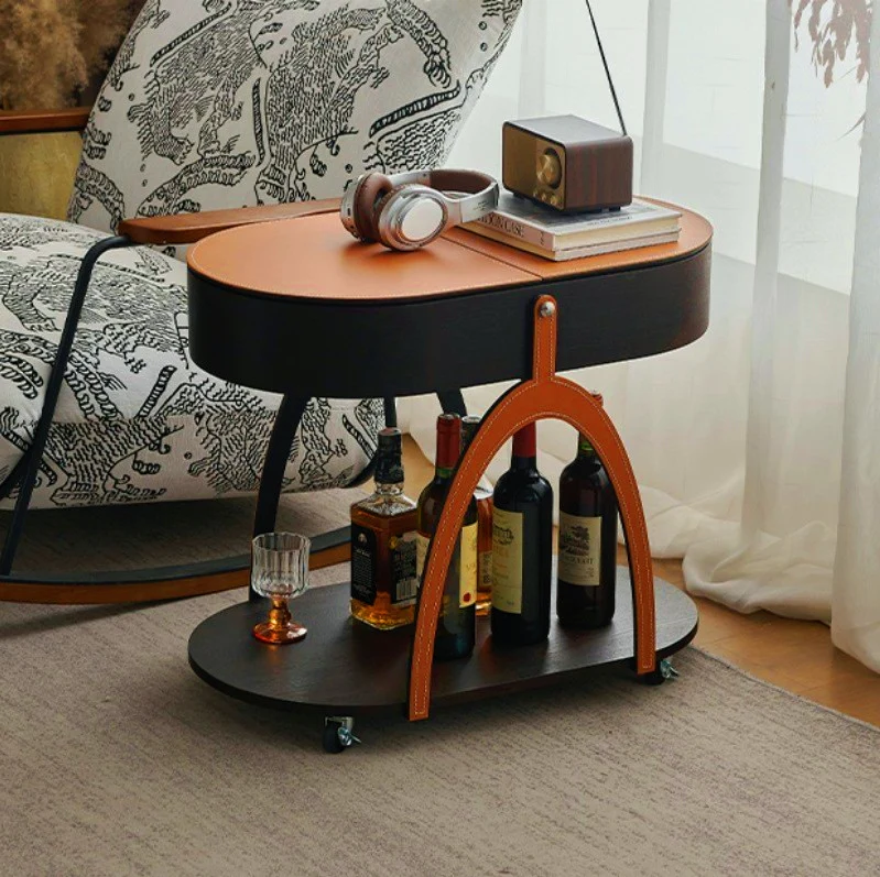 Traditional Vintage Movable Oval MDF Carbon Steel Saddle-Style Faux Leather Side Table 2-Tier For Living Room