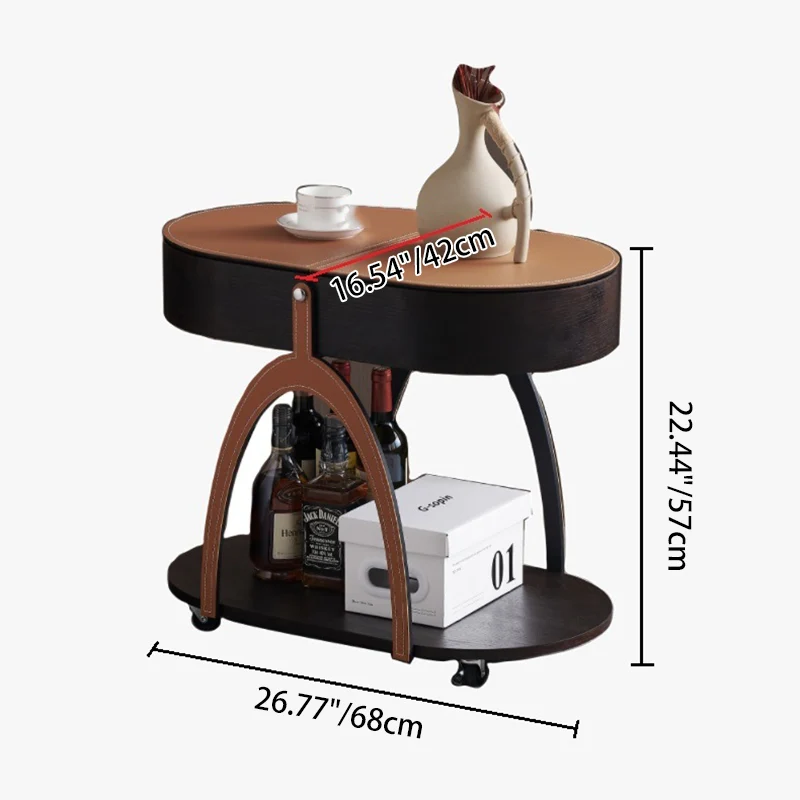 Traditional Vintage Movable Oval MDF Carbon Steel Saddle-Style Faux Leather Side Table 2-Tier For Living Room