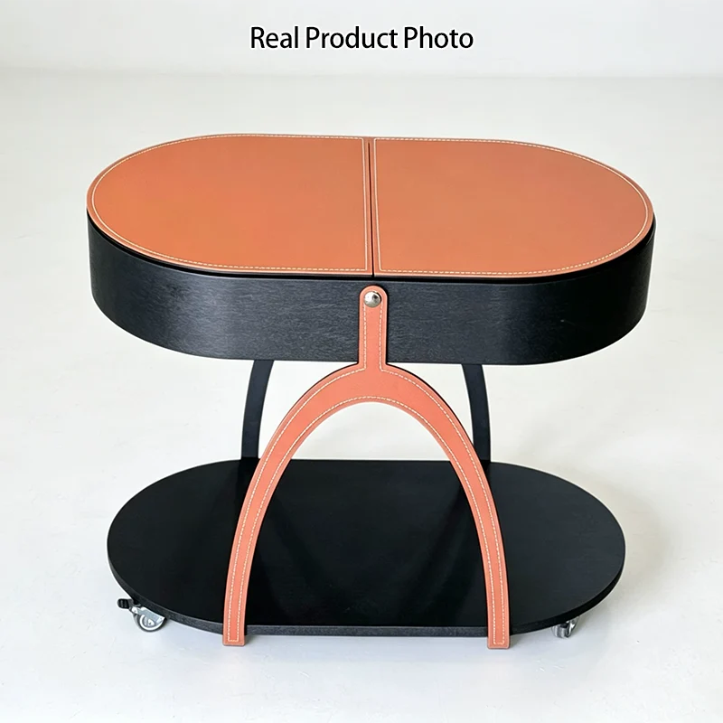 Traditional Vintage Movable Oval MDF Carbon Steel Saddle-Style Faux Leather Side Table 2-Tier For Living Room