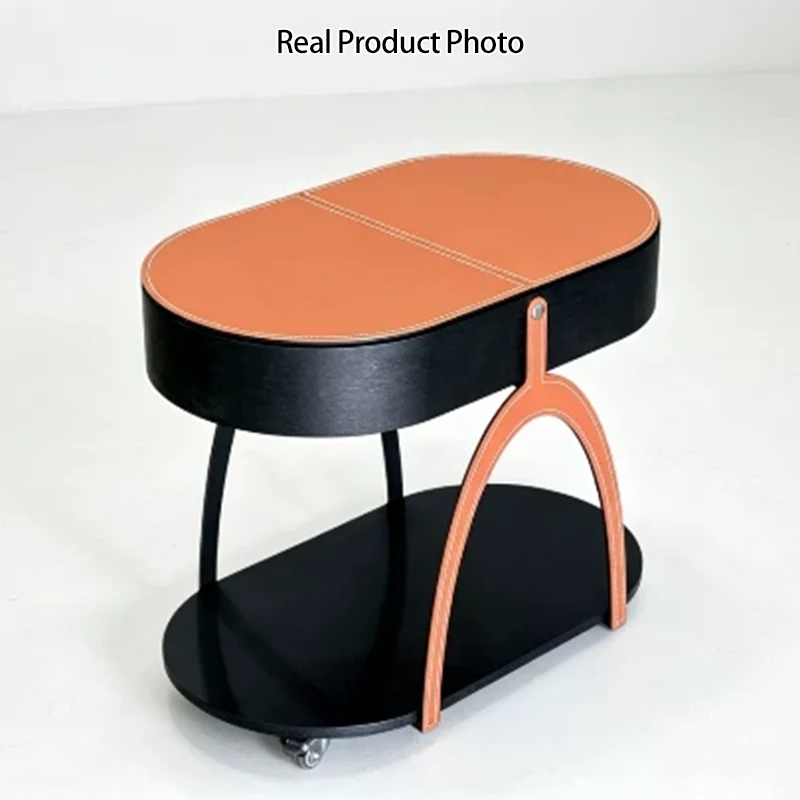 Traditional Vintage Movable Oval MDF Carbon Steel Saddle-Style Faux Leather Side Table 2-Tier For Living Room