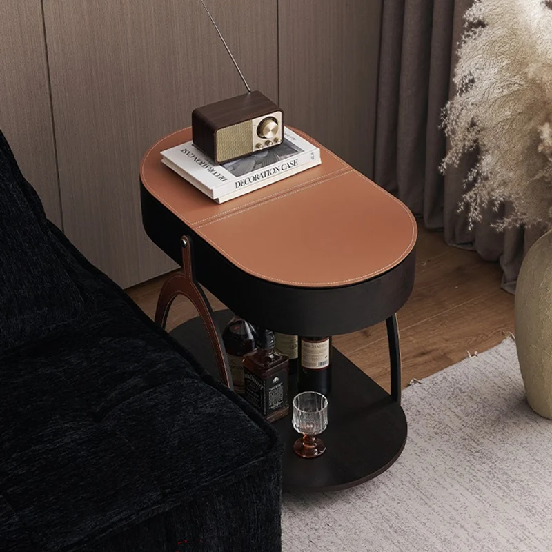 Traditional Vintage Movable Oval MDF Carbon Steel Saddle-Style Faux Leather Side Table 2-Tier For Living Room