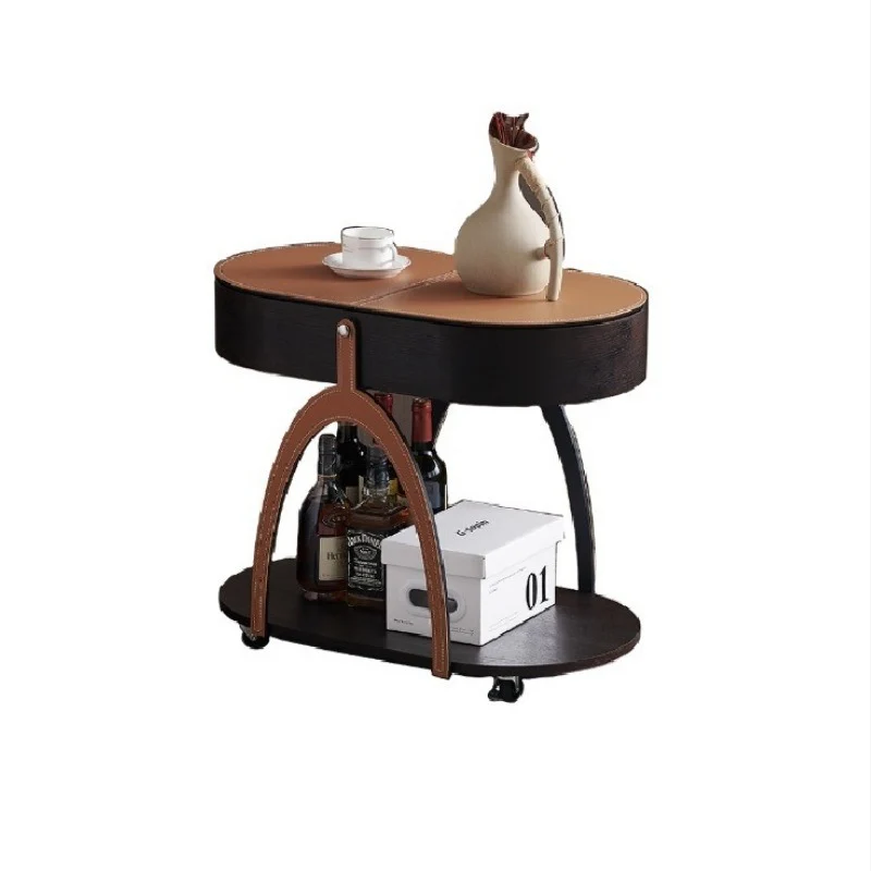 Traditional Vintage Movable Oval MDF Carbon Steel Saddle-Style Faux Leather Side Table 2-Tier For Living Room
