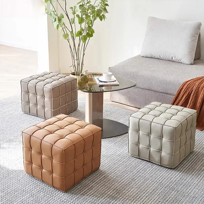 Modern Minimalist Cube Wood Board Faux Leather Sponge Footstool Backless Armless For Living Room