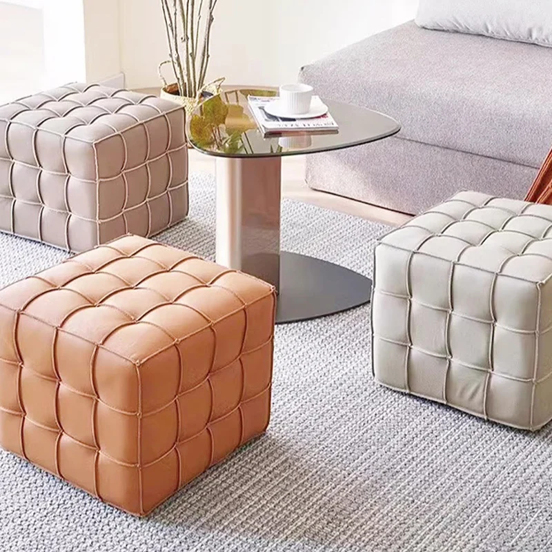 Modern Minimalist Cube Wood Board Faux Leather Sponge Footstool Backless Armless For Living Room