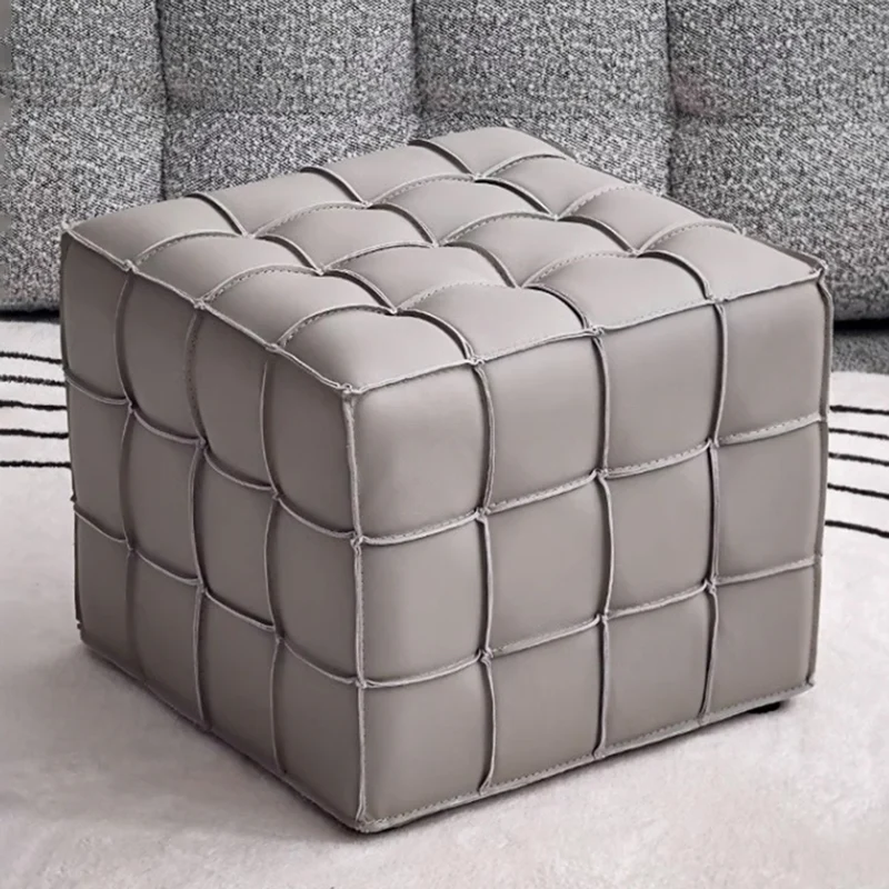 Modern Minimalist Cube Wood Board Faux Leather Sponge Footstool Backless Armless For Living Room