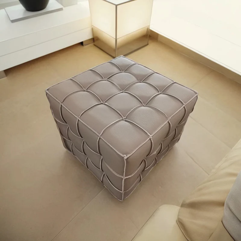 Modern Minimalist Cube Wood Board Faux Leather Sponge Footstool Backless Armless For Living Room