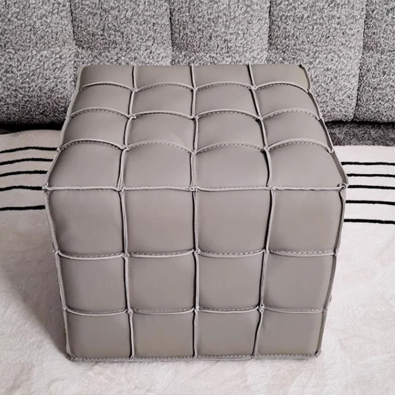 Modern Minimalist Cube Wood Board Faux Leather Sponge Footstool Backless Armless For Living Room