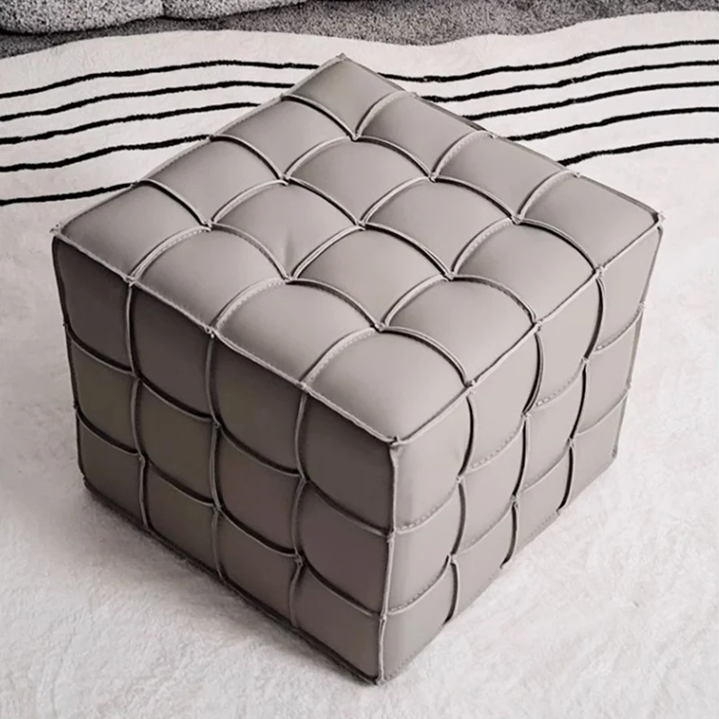 Modern Minimalist Cube Wood Board Faux Leather Sponge Footstool Backless Armless For Living Room