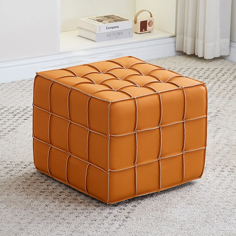Modern Minimalist Cube Wood Board Faux Leather Sponge Footstool Backless Armless For Living Room