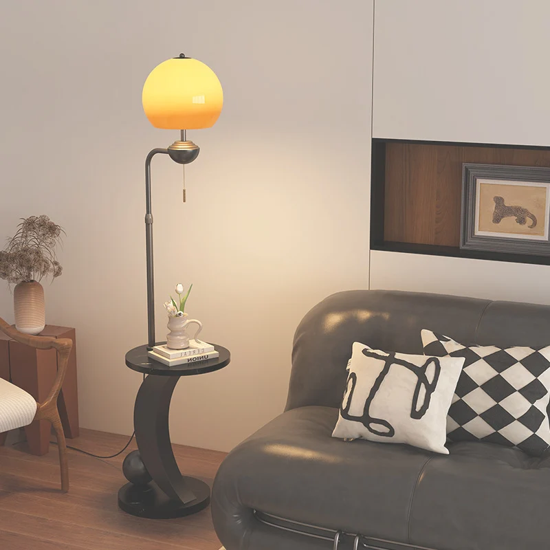 Modern Mid-Century Iron Glass Resin Round Shade 1-Light Standing Floor Lamp For Bedroom