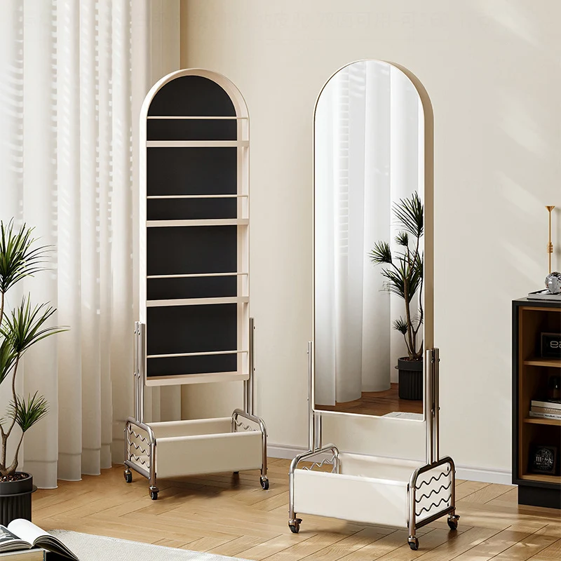 Modern Minimalist Movable Rotatable Oval Carbon Steel Faux Leather Glass Mirror Bookshelf 1-Basket For Bedroom