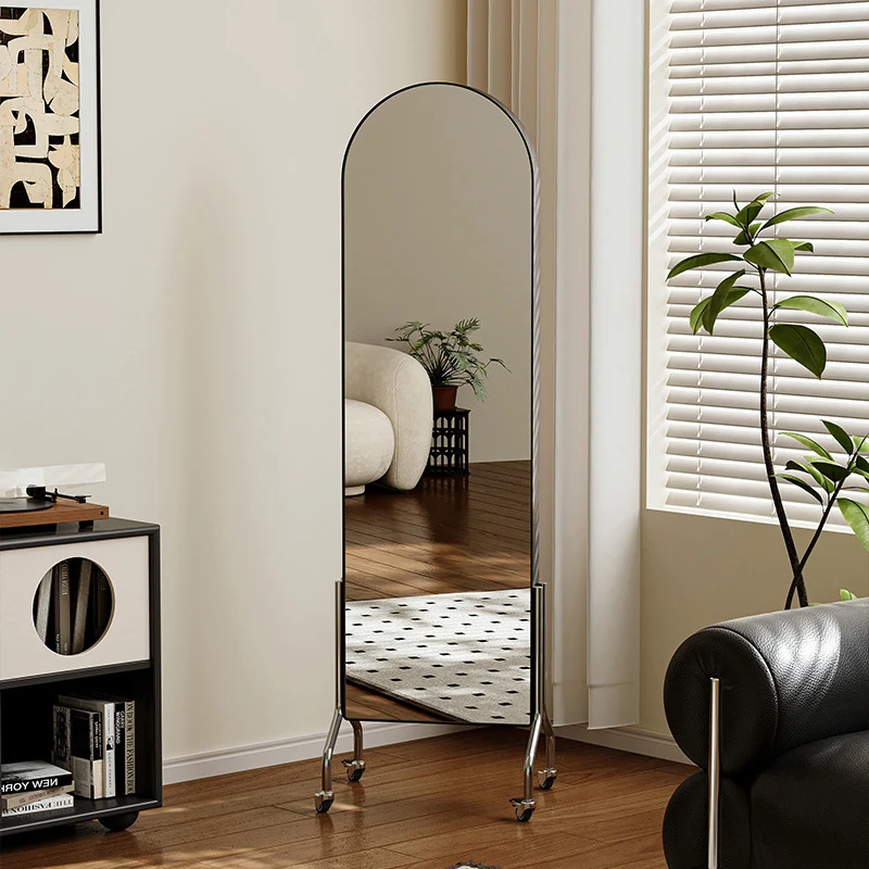 Modern Minimalist Movable Rotatable Oval Carbon Steel Faux Leather Glass Mirror Bookshelf 1-Basket For Bedroom