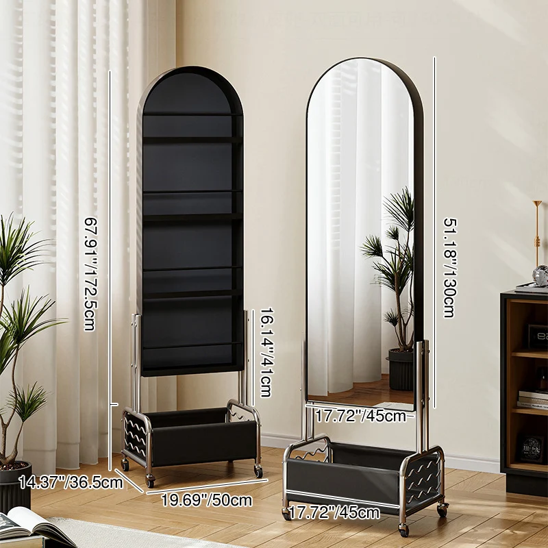 Modern Minimalist Movable Rotatable Oval Carbon Steel Faux Leather Glass Mirror Bookshelf 1-Basket For Bedroom